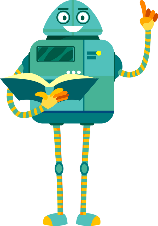 Robot teacher lecturer with book isolate character